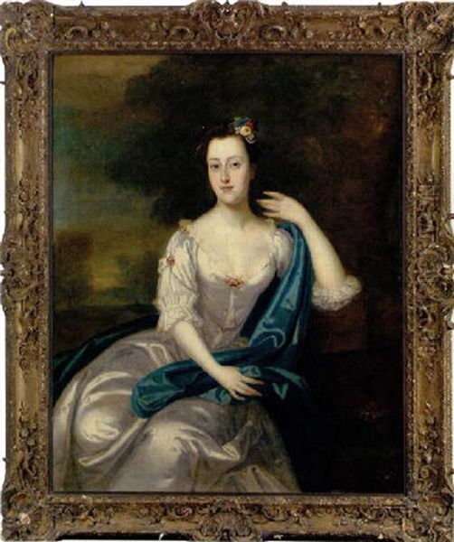 Portrait Of A Lady In A White Dress With A Blue Wrap, Flowers In Her Hair, In A Landscape - view 1