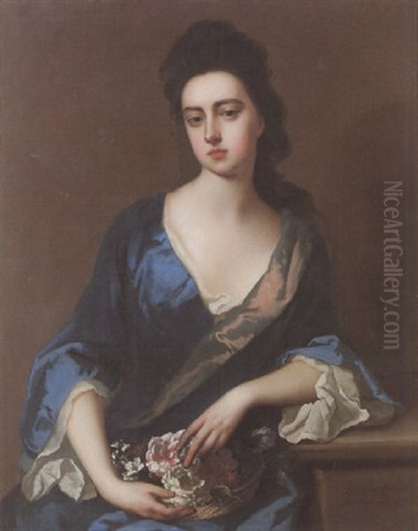 Portrait Of Lady Mary Somerset, The Duchess Of Ormond, Wearing A Blue Dress, Holding A Basket Of Flowers - view 1