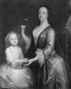 Portrait Of A Lady Wearing A Blue Dress And Holding A Sprig Of Jasmine, With Her Daughter Seated Beside Her