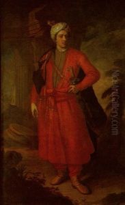 Portrait Of William O'brien, 2nd Lord Inchiquin Standing In A Landscape By A Classical Column Wearing Red Oriental Dress, Holding His Sword, And Wearing A Turban