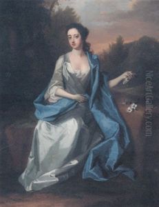Portrait Of A Lady (elizabeth, Duchess Of Beaufort?), Wearing A White Satin Dress With Blue Wrap