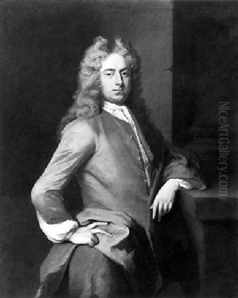 Portrait Of A Gentleman Wearing A Brown Jacket And Blue Drapery, His Left Arm Resting On A Stone Ledge - view 1