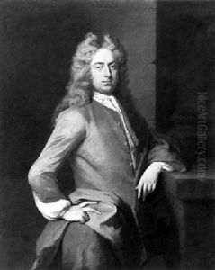 Portrait Of A Gentleman Wearing A Brown Jacket And Blue Drapery, His Left Arm Resting On A Stone Ledge
