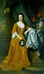 Portrait Of A Lady, Standing, By A Column With A Vase Of Flowers, Holding A Portrait Miniature, A Curtain, Country House And Garden Beyond