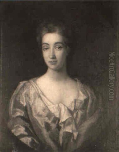 Portrait Of A Lady Wearing A Blue And White Dress With A Red Wrap - view 1