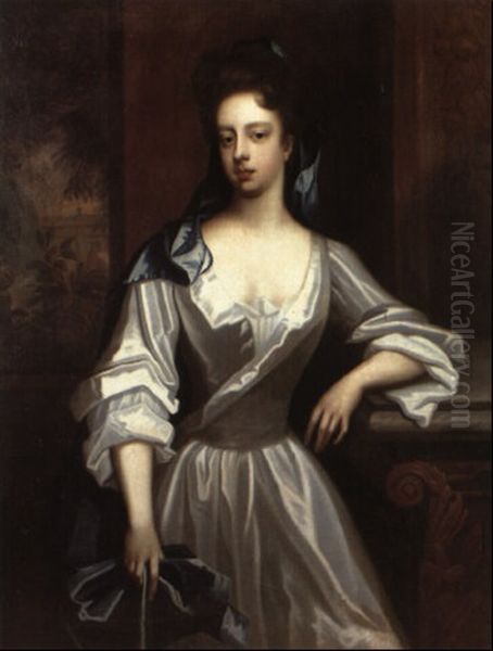 Portrait Of A Lady Resting Against A Stone Ledge - view 1