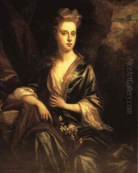 Portrait Of Ann Daniel Seated Three Quarter Length Wearing A Blue And Gold Dress And Burgundy Shawl, A Posy Of Flowers - view 1
