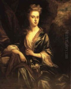 Portrait Of Ann Daniel Seated Three Quarter Length Wearing  A Blue And Gold Dress And Burgundy Shawl, A Posy Of Flowers