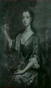 Portrait Of A Lady, Seated Three-quarter Length In A Blue   Dress With A Pink Wrap Holding A Crook, With A Wooded ...