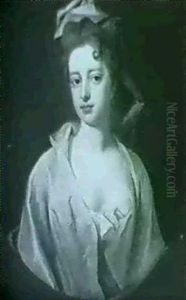 Portrait Of Katherine Bristow, Half-length Wearing A Pink And Blue Dress by Michael Dahl