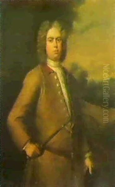 Portrait Of John Sutton, Threequarter Length, In A Buff Coatand White Stock, Holding A Crop And A Riding Hat - view 1