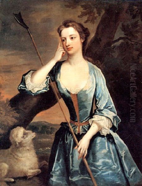 Portrait Of A Lady As A Shepherdess, Three-quarter Length   Leaning Against A Tree In A Landscape - view 1