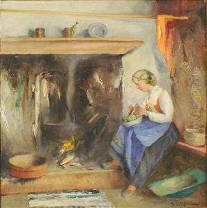 Woman Peeling Potatoes Sitting By Fireplace by Siegwald Johannes Dahl