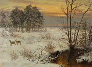 Abend Uber Winterlicher Landschaft Mit Rehwild
