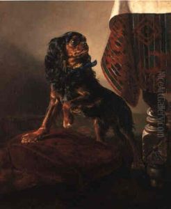 A Black And Tan Cavalier King Charles Spaniel By A Draped Table by Siegwald Johannes Dahl