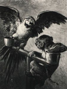 Papagei Und Affe Auf Einer Stange Im Streit by Siegwald Johannes Dahl