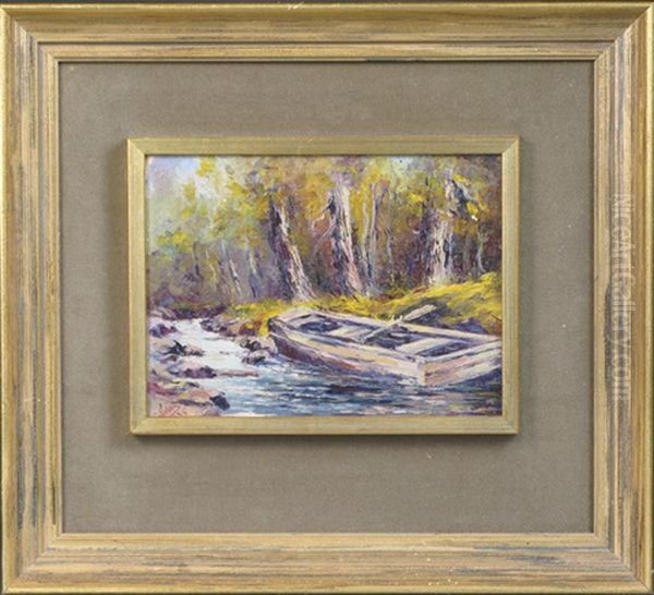 An Autumn Landscape With Rowboat Beached In Narrowing Stream - view 1