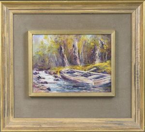 An Autumn Landscape With Rowboat Beached In Narrowing Stream