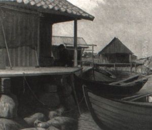Fiskare Vid Brygga Och B+thus, Id" by Vilhelm Dahlbom