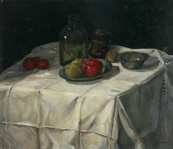 Stilleben Mit Obst Und Gefasen Auf Gedecktem Tisch - view 1