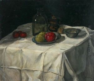 Stilleben Mit Obst Und Gefasen Auf Gedecktem Tisch by Paul Dahlen