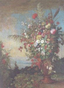 Blumenstraus Auf Steinbank, Im Hintergrund Starnberger See