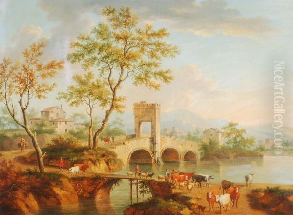 Drovers And Cattle Crossing A Bridge With A Town Beyond - view 1