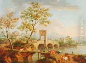 Drovers And Cattle Crossing A Bridge With A Town Beyond