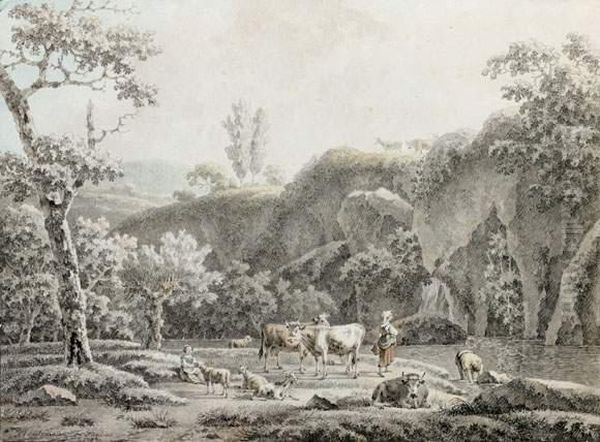 Bergers Et Leur Troupeau Au Bord D'une Riviere - view 1
