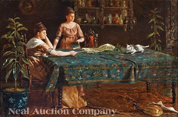 Sisters And Their Kitten In A Parlor - view 1