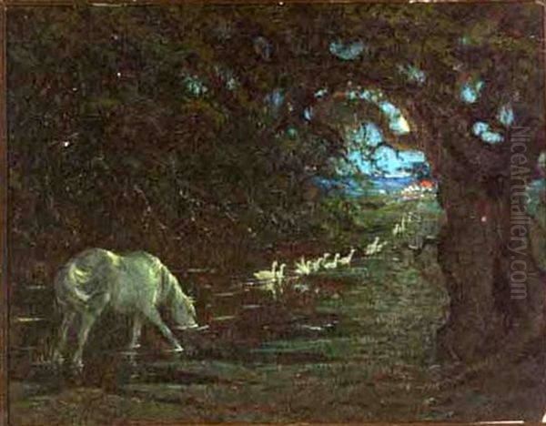 Moonlit Marsh Landscape With A Thirsty Horse - view 1