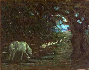 Moonlit Marsh Landscape With A Thirsty Horse