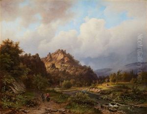 Weite Gebirgslandschaft Mit Fluss Und Staffagefiguren Weite Gebirgslandschaft Mit Fluss Und Staffagefiguren