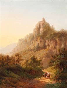 Travellers In A Mountain Landscape At Dusk by Alexander Joseph Daiwaille