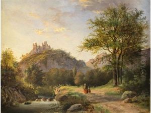 Sommerliche Landschaft Mit Burgruine Und Einem Figurenpaar Sommerliche Landschaft Mit Burgruine Und Einem Figurenpaar