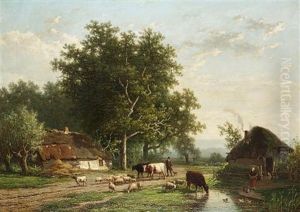 Cattle, Sheep And Drover On A Country Lane (collab. W/eugene Joseph Verboeckhoven)