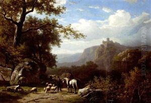 A Wooded Summer Landscape With A Shepherd And A Traveller On Horseback (collab. W/joseph Verboekhoven) by Alexander Joseph Daiwaille