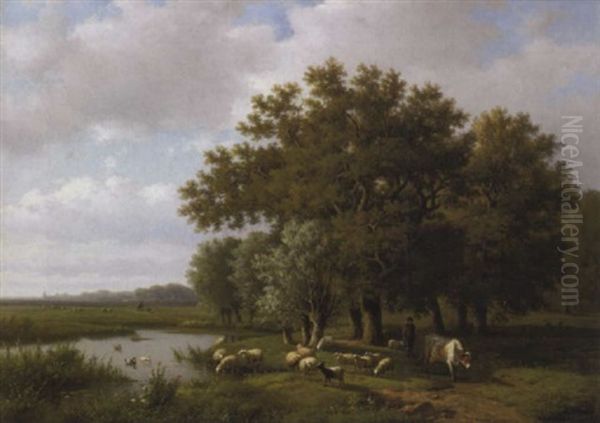 Berger Et Son Troupeau Au Bord De L'etang - view 1