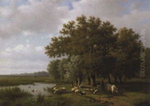 Berger Et Son Troupeau Au Bord De L'etang by Alexander Joseph Daiwaille