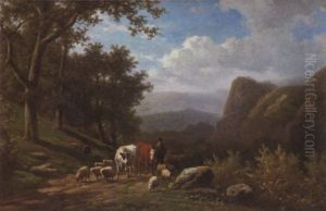 Berger Et Son Troupeau Dans Un Paysage Montagneux by Alexander Joseph Daiwaille