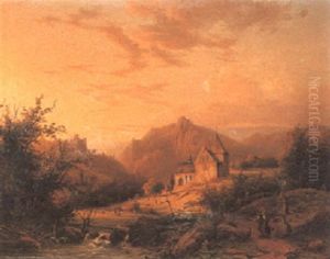 Figures With Cattle Before A Church In A Mountain Landscape by Alexander Joseph Daiwaille