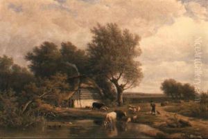 Cattle And Sheep Watering By A Pond