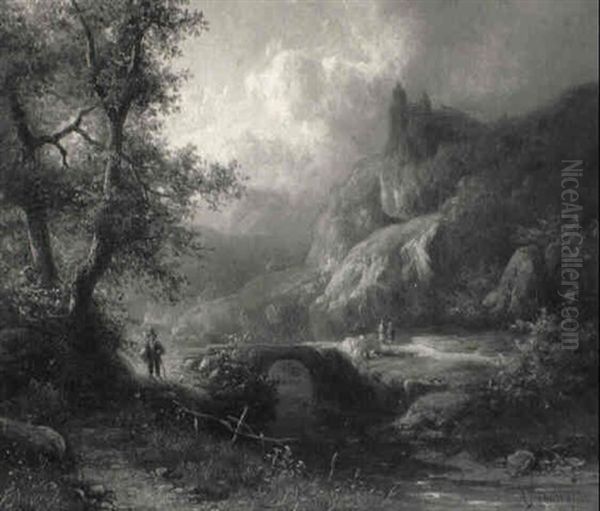A Wooded Mountainous River Landscape With Travellers By A Bridge - view 1