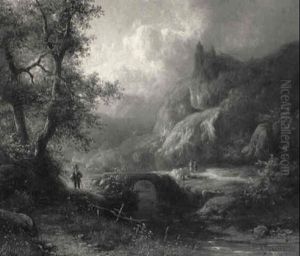 A Wooded Mountainous River Landscape With Travellers By A Bridge by Alexander Joseph Daiwaille