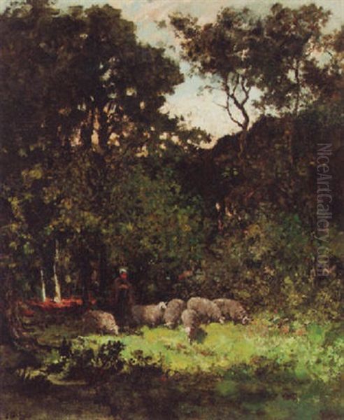 A Shepherdess And Her Sheep In A Forest - view 1