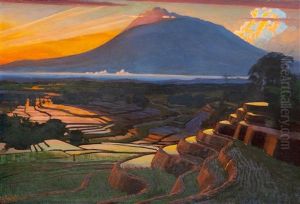A Sawah Landscape At Sunset by Carel Lodewijk Dake the Younger