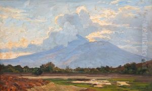 A Sawah Landscape With A Volcano In The Distance by Carel Lodewijk Dake the Younger