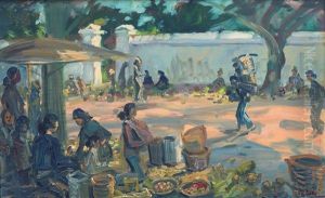 An Javanese Street Scene With Stalls Near A Gate