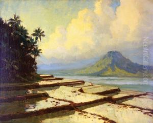 A View Of Sawah With Mountain In The Distance by Carel Lodewijk Dake the Younger