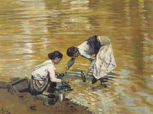 Women Filling Bottles By A Lake Women Filling Bottles By A Lake